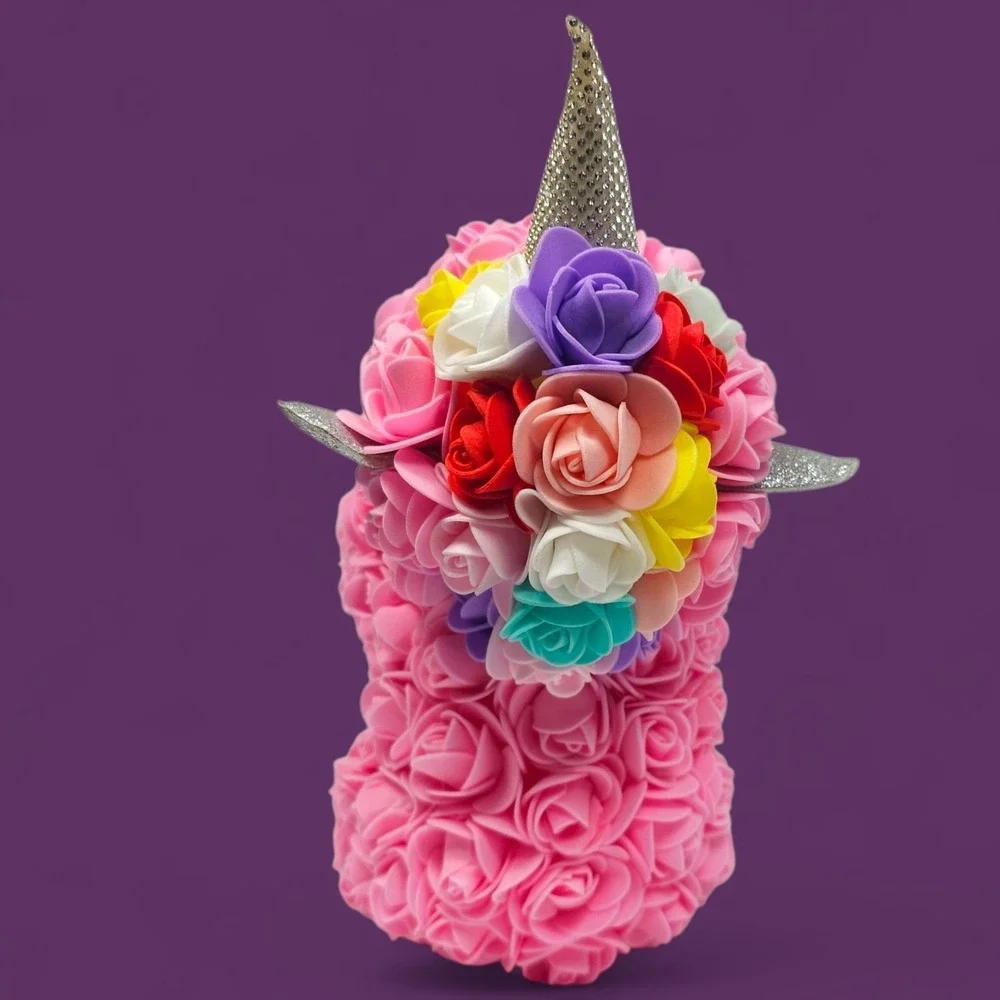 Rose Unicorn Gift - Pink Foam Flowers, Rainbow Mane, 